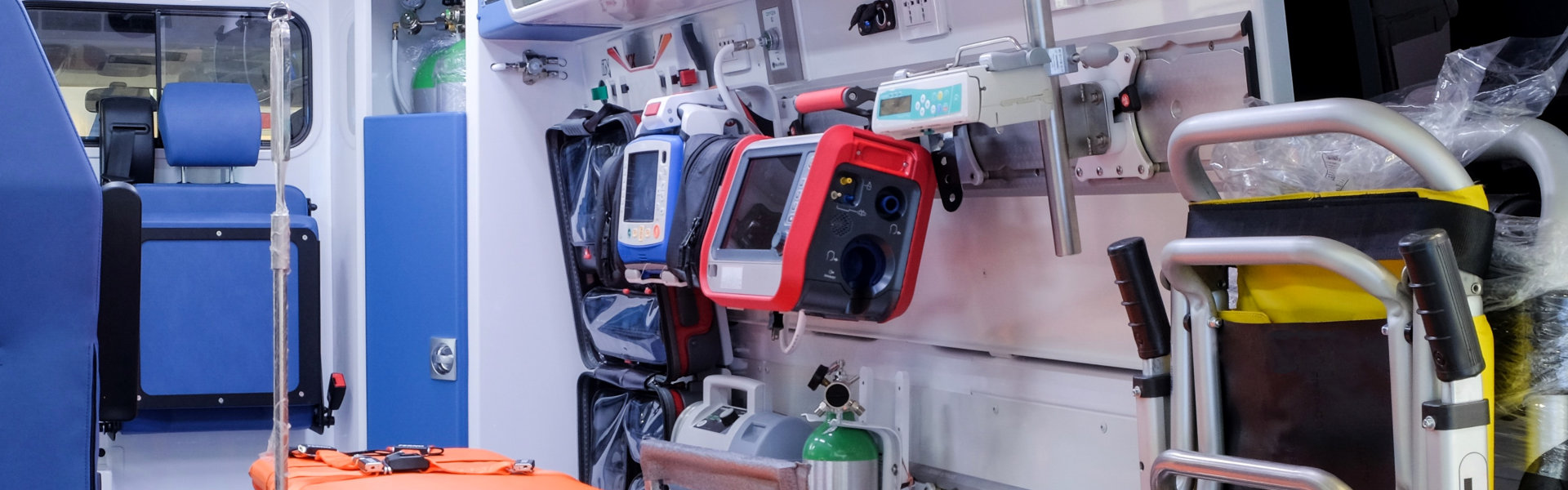 Inside an ambulance with medical equipment